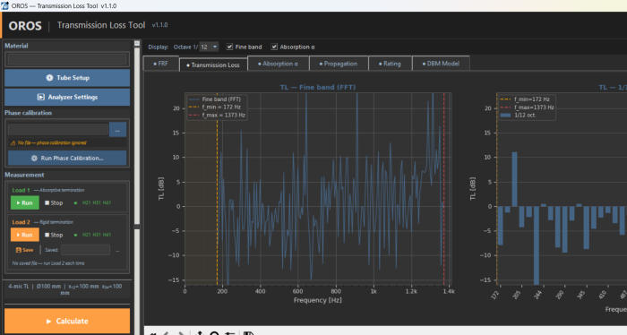 TL Tool — Transmission Loss tab : bande fine (FFT) et barres 1/12 octave